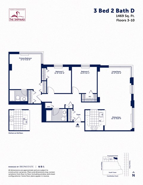 Floor plan for 3 beds, 2 baths, 1464 sqft
